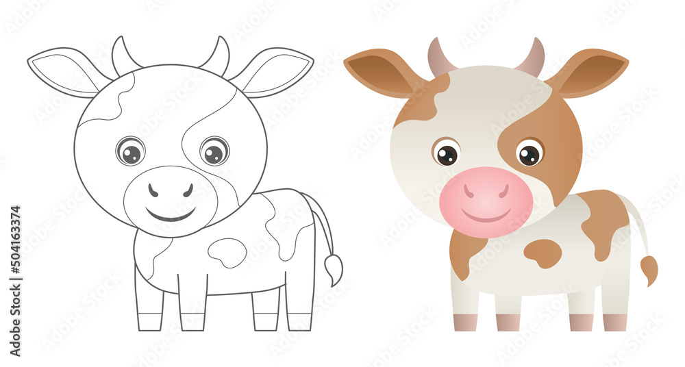 Obraz premium Calf coloring page. Cute farm animals coloring book for kids. Cartoon vector outline baby animals.