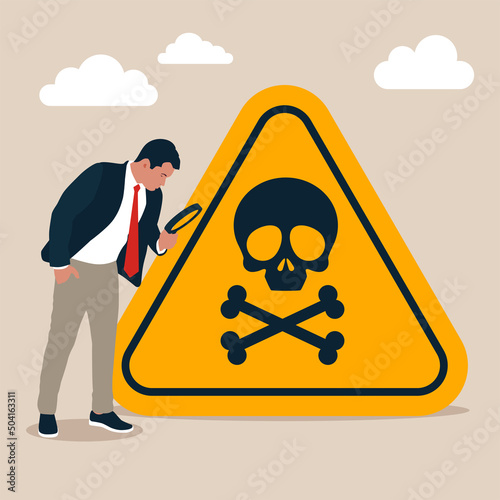 Businessman with magnifying monitor and investigate incident with danger sign. Incident management, root cause analysis or solving problem, identify risk or critical failure concept.