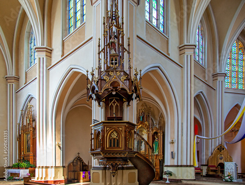 View of the interior of the Catholic Church of the Nativity of the Blessed Virgin Mary, built in the years 1905-1912 in the neo-Gothic style in Rajgród in Podlasie, Poland.