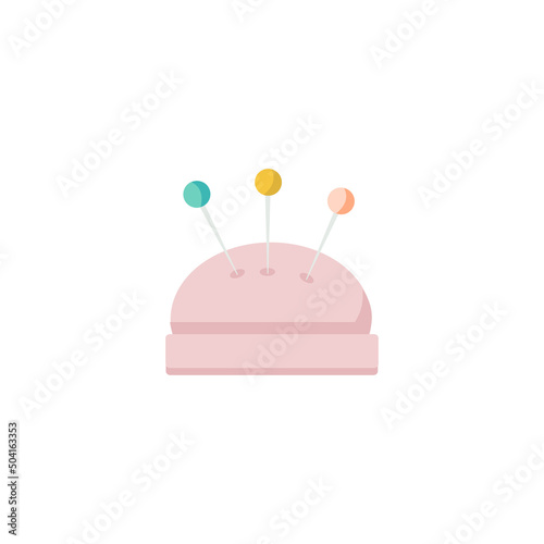 Cushion for needles. Sewing accessories. Pins and needles for sewing. Flat illustration isolated on white background.