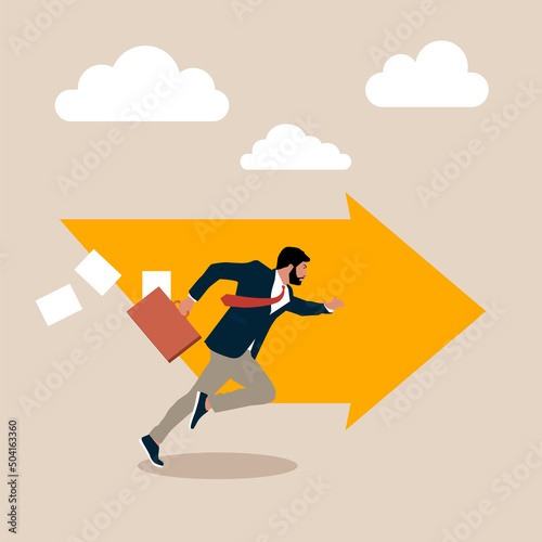 Вusinessman running forward on arrow symbol. Moving forward to achieve success, ambition or motivation to reach business target, career development or work effort concept, confidence ambitious.