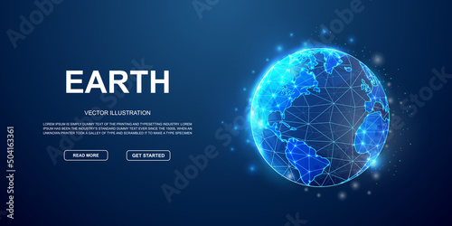 Earth 3d low poly symbol with connected dots for blue landing page. Planet, universe design illustration concept. Polygonal World map illustration