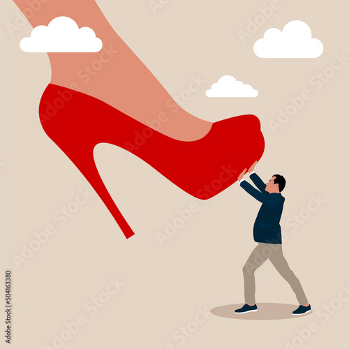 Businesswoman exerts psychological pressure on male employee. Husband under high-heeled shoe. The man confronts and resists mental problems, stress. Feminism, inequality. Gender gap. 