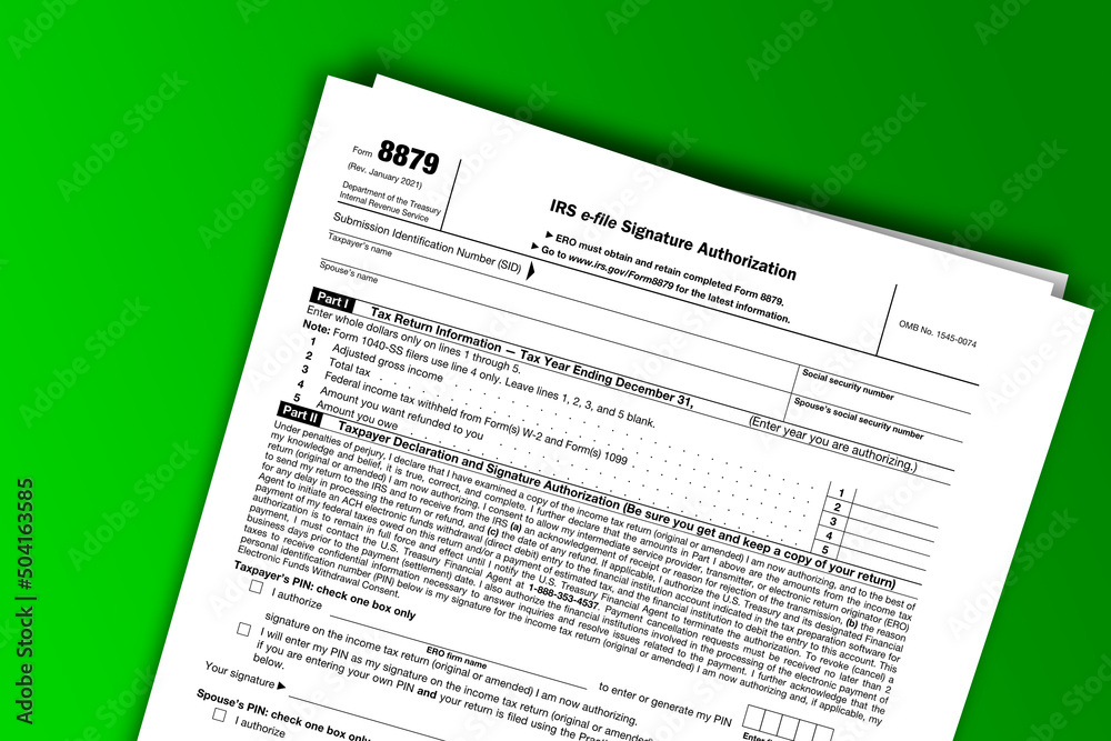 Form 8879 documentation published IRS USA 01.22.2021. American tax document on colored