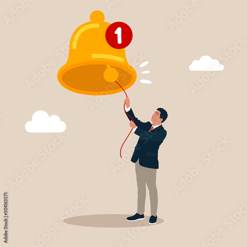 Businessman new subscriber ringing the big bell with notification number. Ring subscription bell to get reminder for new social media content.