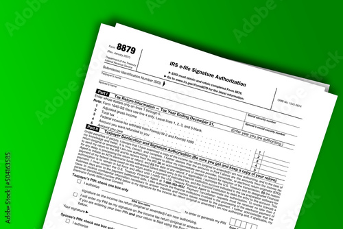 Form 8879 documentation published IRS USA 01.22.2021. American tax document on colored