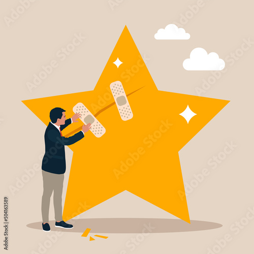 Businessman fix broken rating star with bandage. Reputation management, customer experience or rating, crisis management to repair or fix customer trust problem, credit score or satisfaction concept.