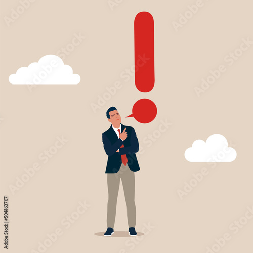 Businessman speaking with speech bubble as exclamation point. Story telling, speak out loud to draw attention and interest, fact important information or secret, caution and alert call concept.