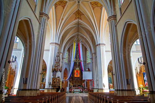 View of the interior of the Catholic Church of the Nativity of the Blessed Virgin Mary  built in the years 1905-1912 in the neo-Gothic style in Rajgr  d in Podlasie  Poland.