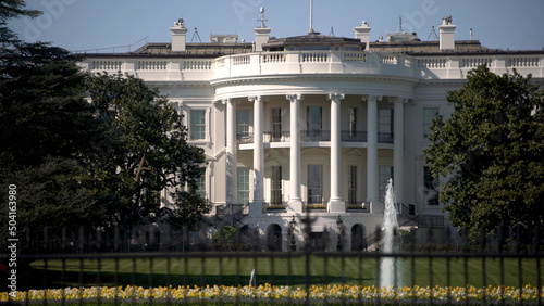 Closeup of the oval office part of the White House with fountains in Washington DC. photo