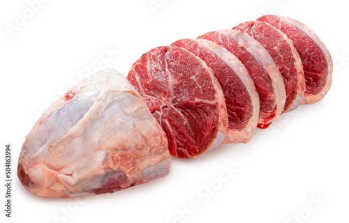 Raw Silver shank meat with Sliced isolated on white background, Shank beef on white background With clipping path. photo