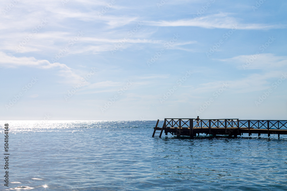 Little girl is playing on the dock.