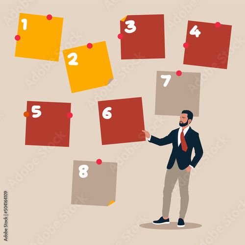 Arrange to do list which job to do before and after, set work priority,  task management concept, young entrepreneur businessman manage to prioritize sticky note with number.
