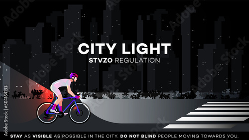 Cyclist on the road with bicycle light. Educational vector illustration. STVZO regulation. Safe night commuting.
