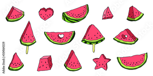 Vector watermelon clipart. Hand drawn watermelon icon set. Fruit illustration. For print, web, design, decor, logo.