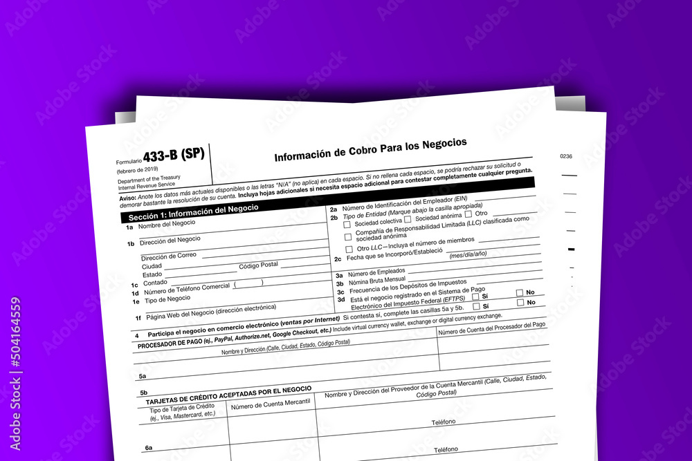 Form 433-B (SP) documentation published IRS USA 02.28.2020. American tax document on colored Form 433-B (SP) documentation published IRS USA 02.28.2020. American tax document on colored