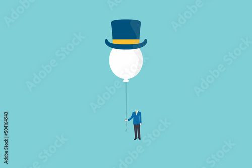 Printman without head holds black balloon.