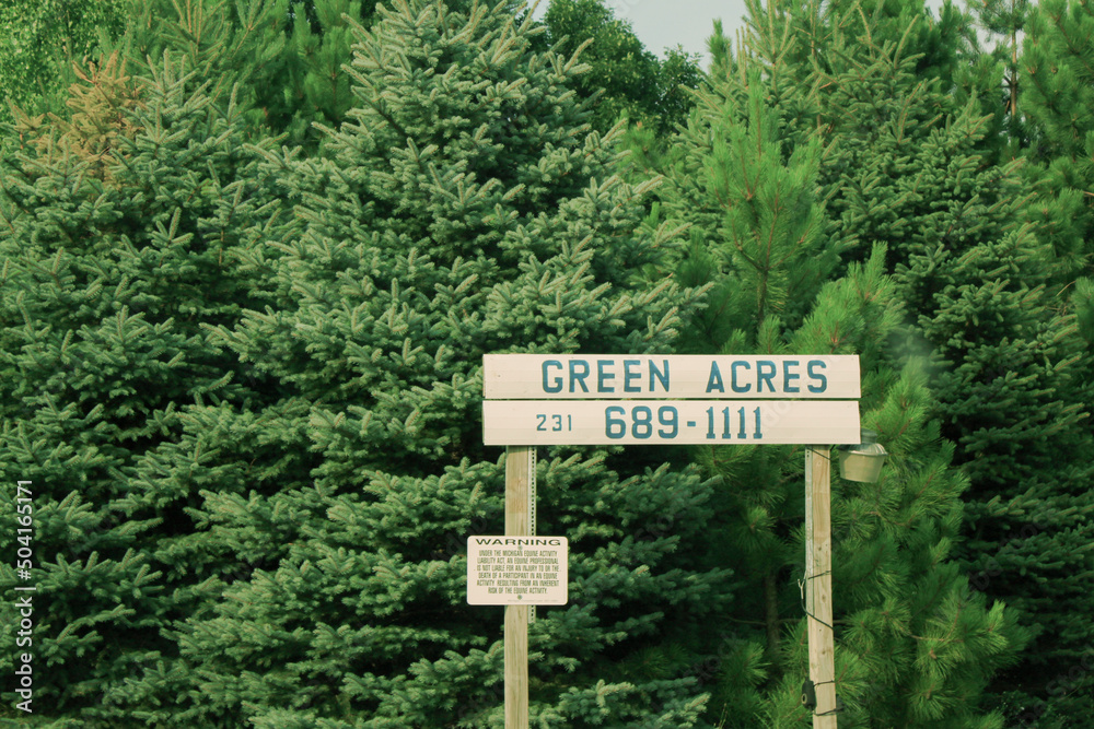 A wooden road sign that reads green acres along tree line