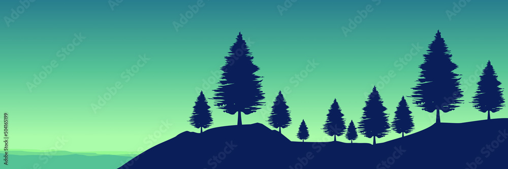 mountain landscape with tree silhouette at top flat design vector illustration good for wallpaper, background, banner, game art, backdrop, tourism and design template