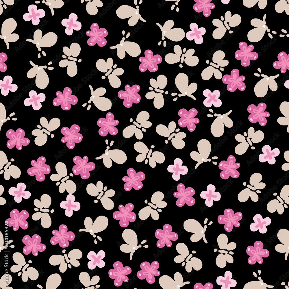 Cute Small Size Flowers and Butterflies Vector Seamless Pattern