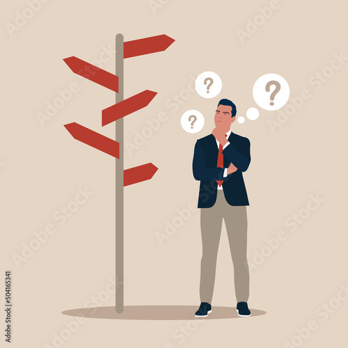Career path, work direction or choose the right way to success concept, business decision making, confusing businessman looking at multiple road sign with question mark and thinking which way to go.