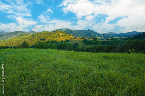 covered with grass n background of mountains in the sun on a summer day. blue sky with clouds. Landscape of mountains. nature background.