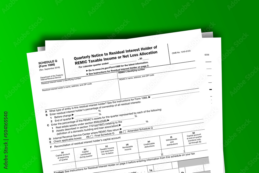 Form 1066 (Schedule Q) documentation published IRS USA 09.13.2018. American tax document on colored Form 1066 (Schedule Q) documentation published IRS USA 09.13.2018. American tax document on colored