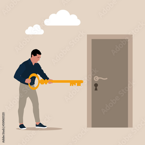 Young businessman holding big key with closed door
