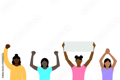 Set of black girls with their hands raised above their heads, flat vector on white background, faceless illustration, girls protest