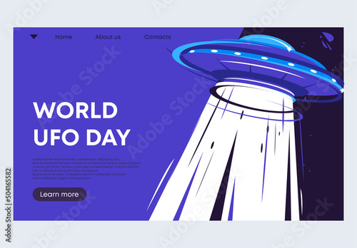 Vector illustration template for a web banner of a flying saucer with a projection light on the background of outer space