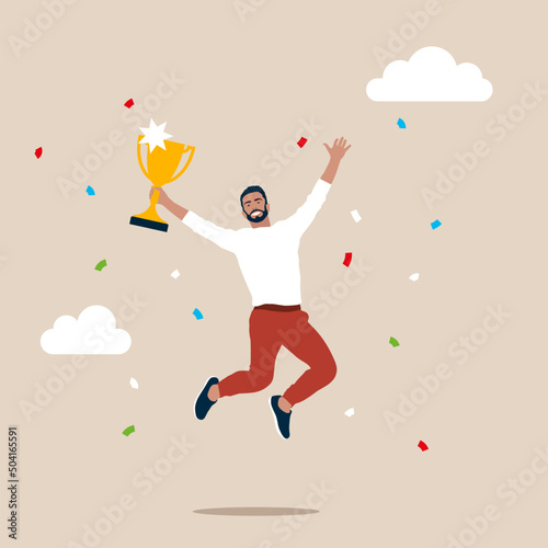 Happy businessman holding winning trophy. Celebrate work achievement, success, winning prize or trophy, challenge or succeed in business competition concept, jumping high for celebration.