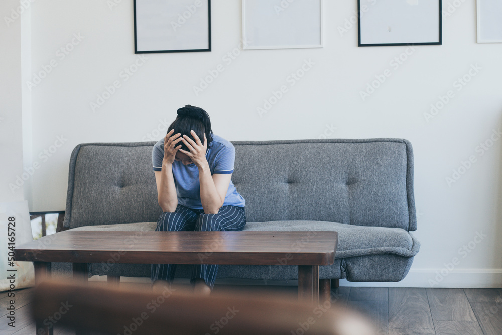 Fototapeta premium sad serious illness woman.depressed emotion panic attacks alone sick people fear stressful crying.stop abusing domestic violence,help person with health anxiety,thinking bad frustrated exhausted