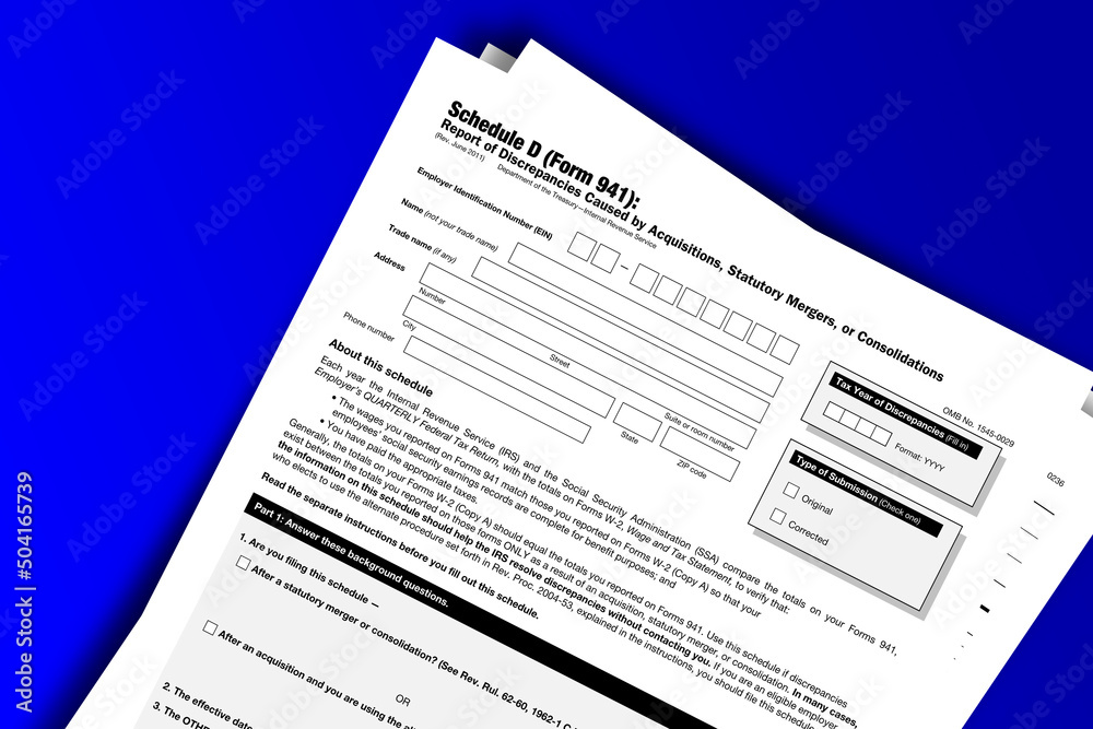 Form 941 (Schedule D) documentation published IRS USA 07.17.2012. American tax document on colored Form 941 (Schedule D) documentation published IRS USA 07.17.2012. American tax document on colored