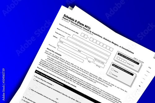 Form 941 (Schedule D) documentation published IRS USA 07.17.2012. American tax document on colored