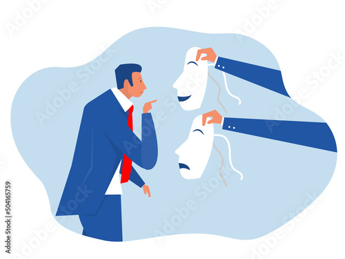 Businessman confused with his emotions,Imposter syndrome,ldepression.Mental stress panic mind disorder illustration Flat vector illustratio