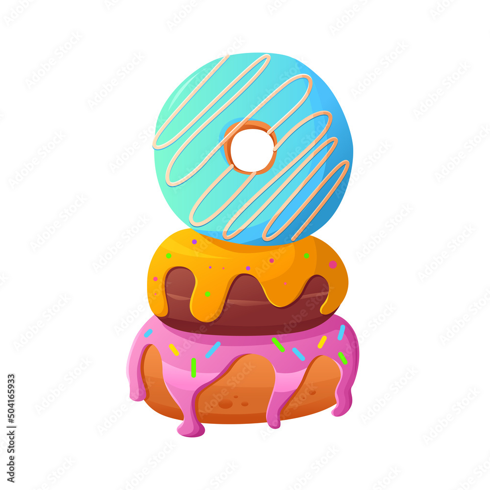 Three tasty donuts isolated on white background. Colorful and glossy donuts with glaze. Simple modern design.Vector cute Illustration in cartoon style. Three tasty donuts isolated on white background. Colorful and glossy donuts with glaze. Simple modern design.Vector cute Illustration in cartoon style.