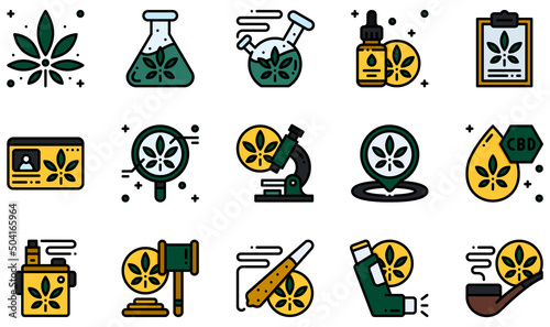 Set of Vector Icons Related to Cannabis . Contains such Icons as Cannabis, Bong, Cannabis Oil, Cbd Oil, Vape, Inhaler and more.