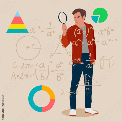Helpless man is looking through magnifying glasses to mathematical formulas and problems.
