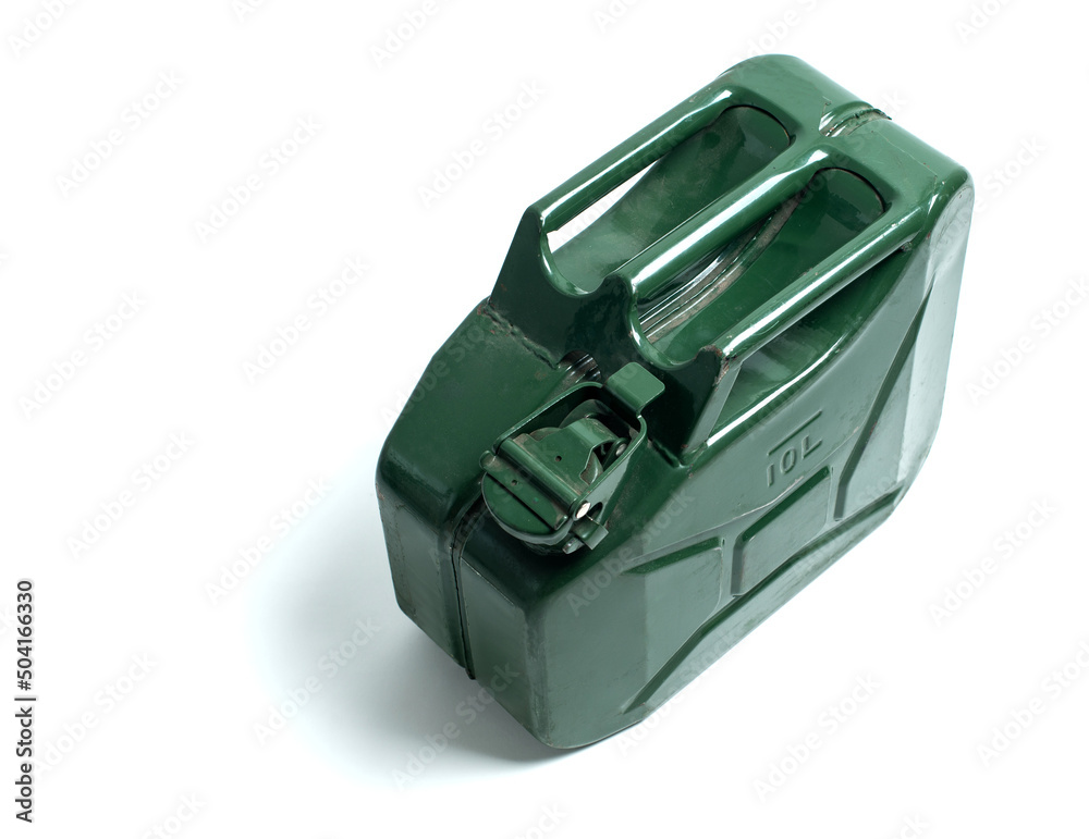 Green jerrycan on white background. Canister for gasoline, diesel gas Green jerrycan on white background. Canister for gasoline, diesel gas