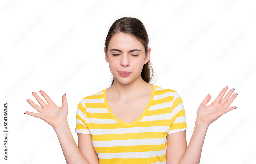 displeased young girl in summer striped tshirt isolated on white background displeased young girl in summer striped tshirt isolated on white background