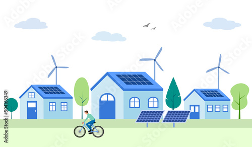 Environment friendly houses with solar panels and wind turbines in flat design. Solar sustainable village.