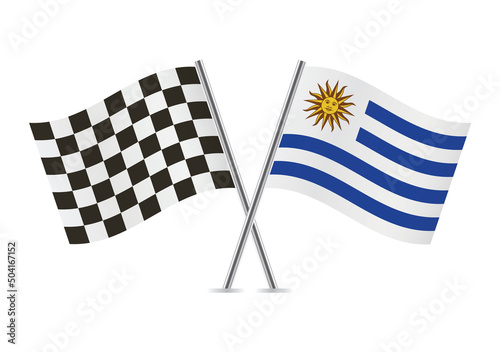 Checkered (racing) and Uruguay crossed flags, isolated on white background. Vector icon set. Vector illustration. © SLdesign