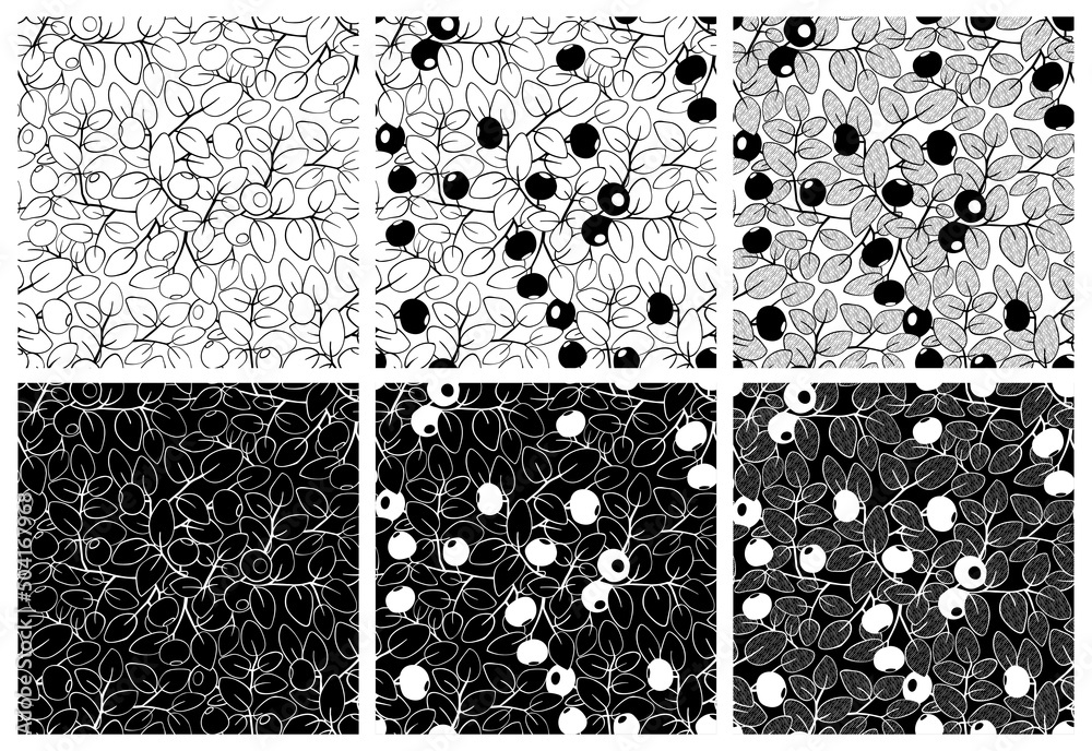 Blueberry black white seamless pattern. Hand made vector illustration