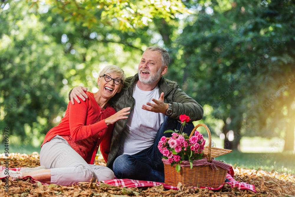 Happy senior couple having a picnic in park
