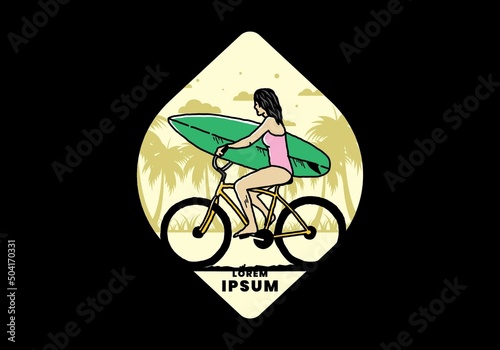 illustration of a woman going surfing on a bicycle