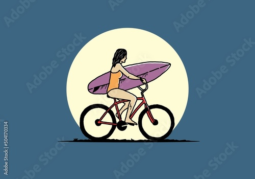 illustration of a woman going surfing on a bicycle