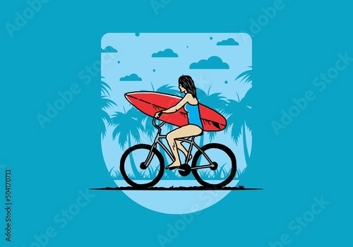 illustration of a woman going surfing on a bicycle