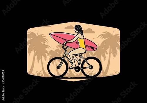 illustration of a woman going surfing on a bicycle