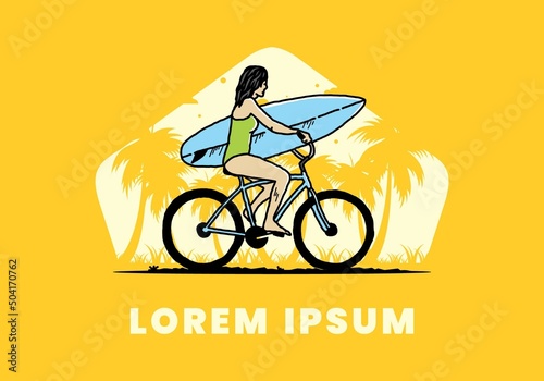illustration of a woman going surfing on a bicycle