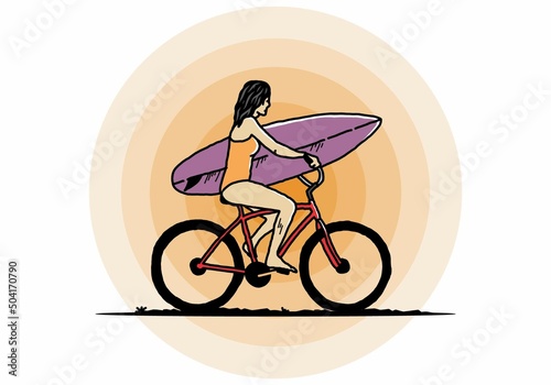 illustration of a woman going surfing on a bicycle